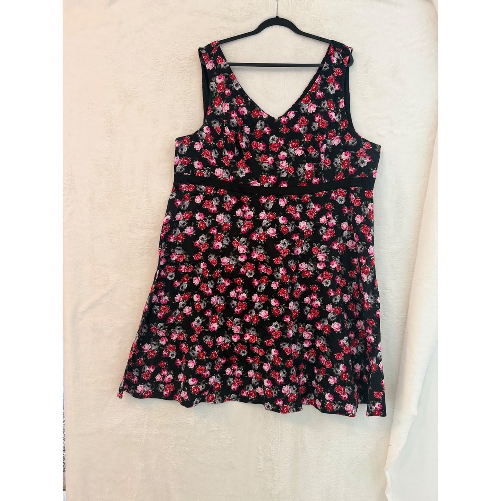 Torrid Womens Plus Size 28 Black Pink Rose Floral V-Neck Skater Dress Sleeveless